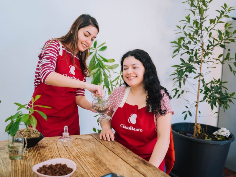 Two women wearing red aprons at a terrarium making class